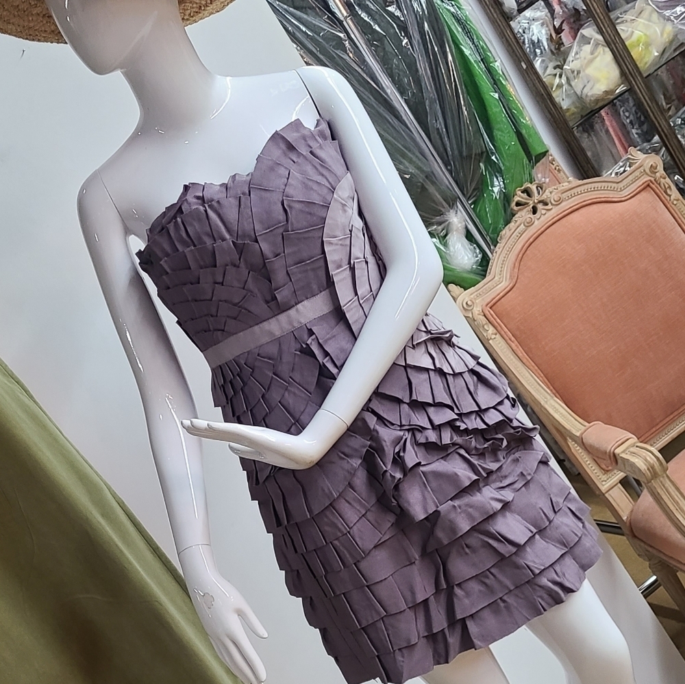 Phoebe Couture Purple Layered Pleated Cocktail Dress with Pink Flower Size 6
